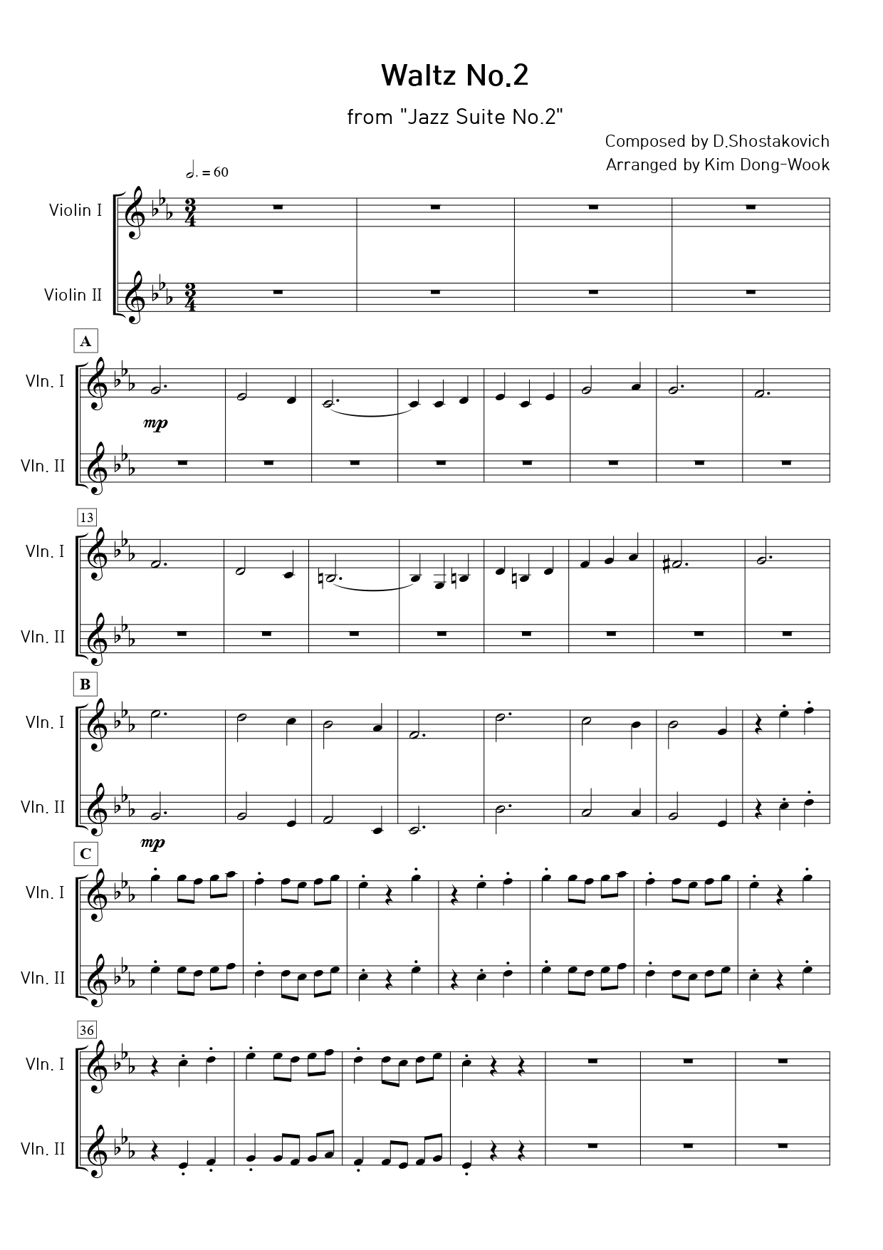 Waltz No.2 바이올린 2중주 악보