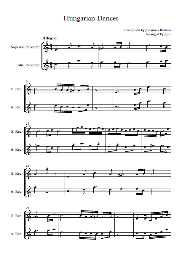 Hungarian Dances - J.Brahms(브람스) 리코더 2중주 악보