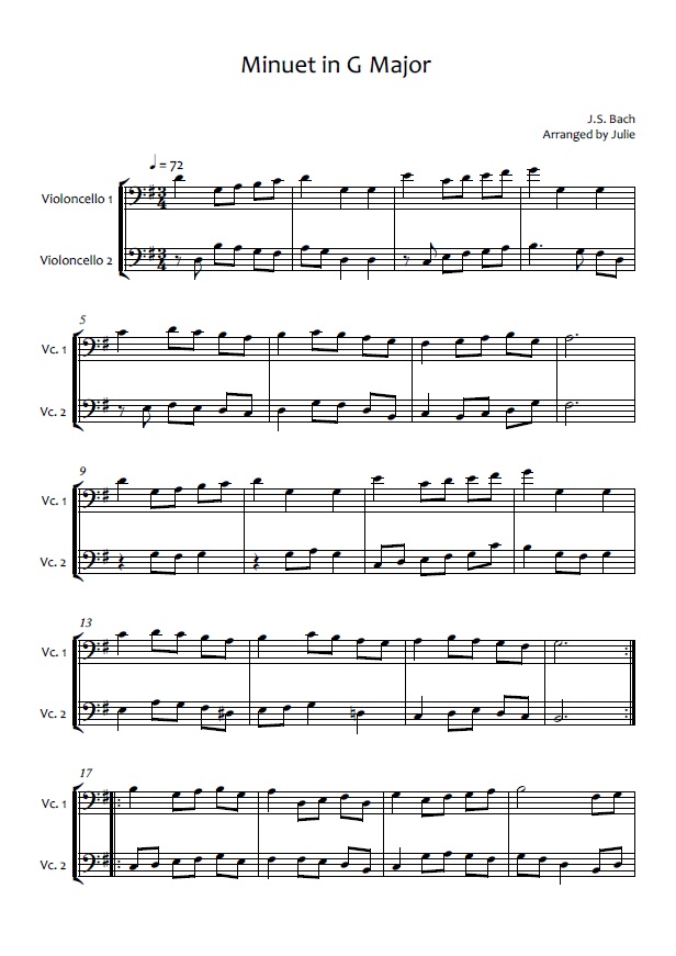 Minuet in G Major - J.S. Bach(바흐) 첼로 2중주 악보