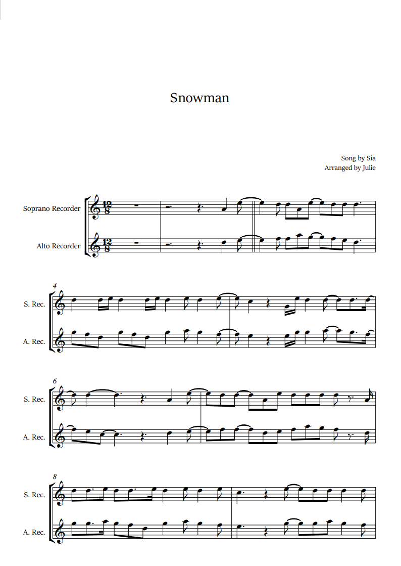 Snowman - Sia 리코더 2중주 악보