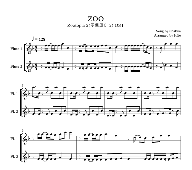 ZOO(주토피아2 OST) - Shakira 플룻 2중주 악보