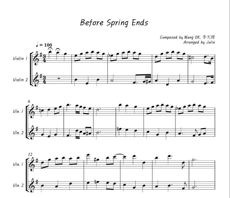 Before Spring Ends - Wang OK 바이올린 2중주 악보