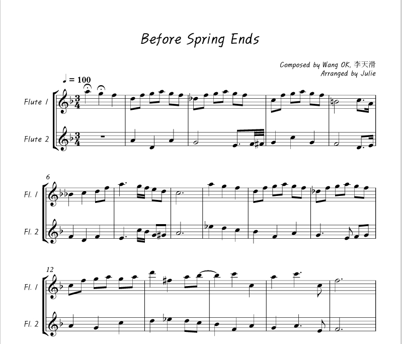 Before Spring Ends - Wang OK 플룻 2중주 악보