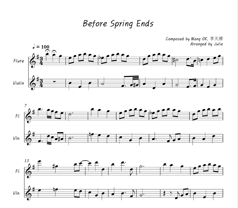 Before Spring Ends - Wang OK 플룻 바이올린 2중주 악보
